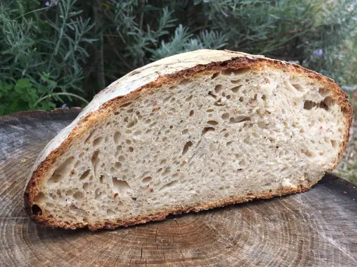 Une mie aérée et une croûte dorée pour ce pain au levain rapide, posé sur une tranche de bois.