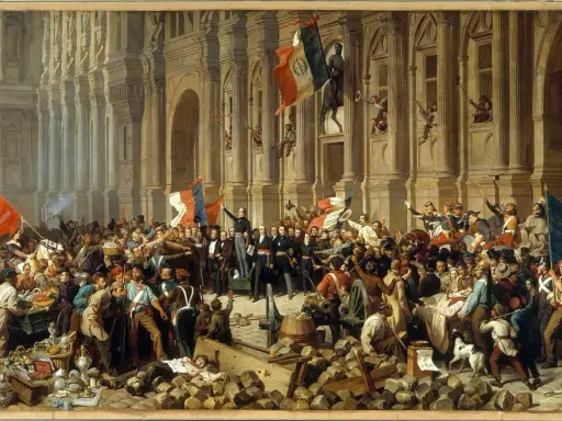 Menschenmenge vor prächtigem Gebäude, Fahnen wehen, ein Mann auf Podest verkündet die Februarrevolution 1848.
