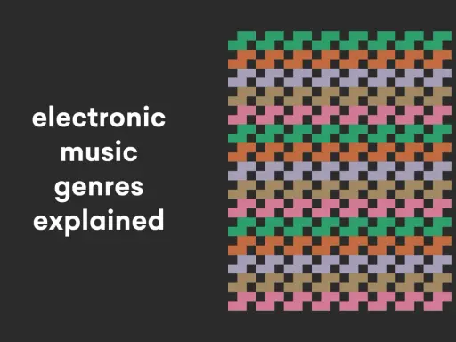Spiegazione dei generi di musica elettronica, con un pattern colorato che ricorda le onde sonore.