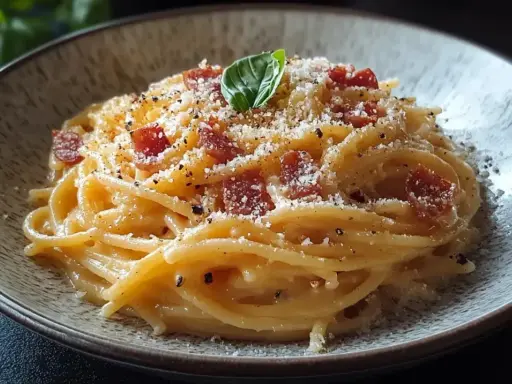 Pyszna carbonara z boczkiem i parmezanem, posypana świeżo mielonym pieprzem. Idealny przepis na szybki obiad.