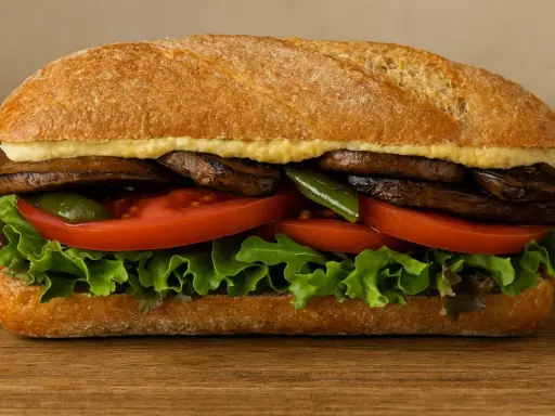 Un delicioso sandwich saludable con champiñones portobello, tomate, lechuga y pimientos verdes en pan rústico.