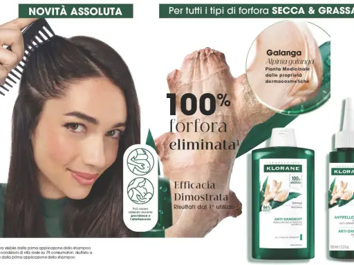 Capelli appena lavati senza forfora, grazie al trattamento Klorane con Galanga. Efficacia dimostrata dal primo utilizzo.