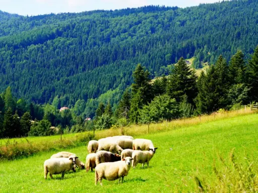 Stado owiec na zielonym zboczu, w tle gęsty las i góry. Gorce atrakcje dla miłośników przyrody i spokoju.