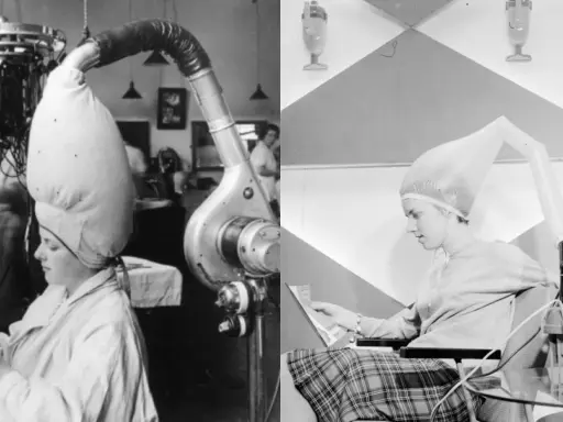 Donne con cuffie e tubi per asciugare i capelli, un modo per capire come si asciugavano i capelli prima del phon.