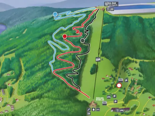 Mapa tras zjazdowych na Górze Żar. Widoczne są trasy rowerowe (niebieska, czerwona, czarna) oraz kolejka linowa.