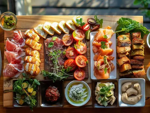 Une planche apéro généreuse : jambon cru, saumon fumé, tomates, pains variés, houmous, olives. Une belle idée planche apéro pour partager.