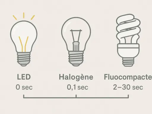 Comment reconnaître une ampoule LED : elle s'allume instantanément (0 sec), contrairement aux halogènes (0,1 sec) et fluocompactes (2-30 sec).