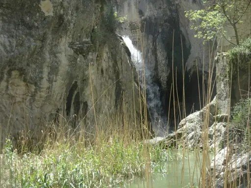 Cascada en un cañón rocoso, con juncos en primer plano. Un lugar ideal para explorar las rutas de agua en Alicante.