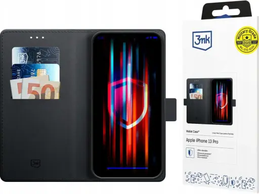 Czarne etui z klapką na iPhone 13 Pro, z miejscem na karty i banknoty. Idealne dla ceniących styl i bezpieczeństwo.