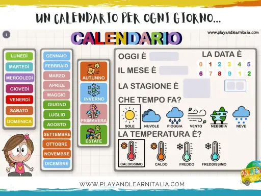 Un calendario per la scuola dell'infanzia per imparare giorni, mesi, stagioni e meteo.