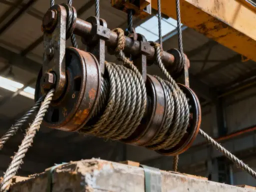 Un palan avec des poulies rouillées, prêt à soulever une charge. Le câble métallique s'enroule autour des roues pour fabriquer un palan efficace.