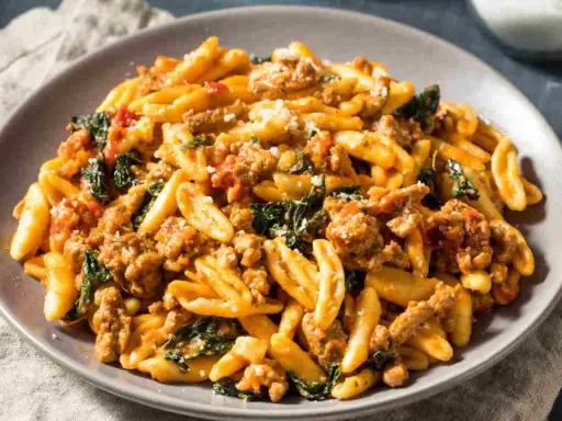 Un piatto di pasta con salsiccia sbriciolata, verdure e formaggio grattugiato, un sapore autentico dei primi piatti foggiani.