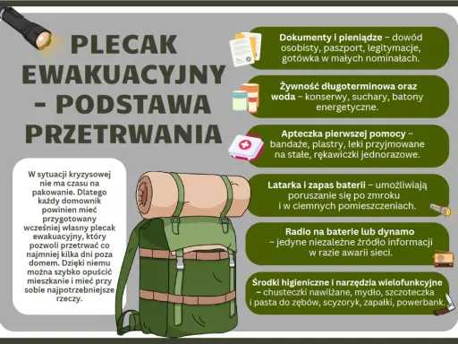 Plecak ewakuacyjny to podstawa przetrwania. Zawiera dokumenty, żywność, apteczkę, latarkę, radio i środki higieniczne.