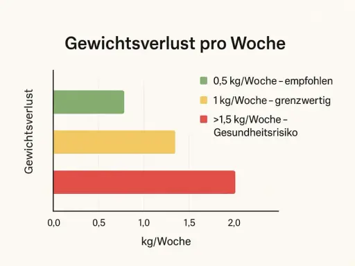 Grafik zeigt, wie viel kann man in einem monat abnehmen: 0,5 kg/Woche ist empfohlen, 1 kg/Woche grenzwertig, über 1,5 kg/Woche birgt Gesundheitsrisiko.