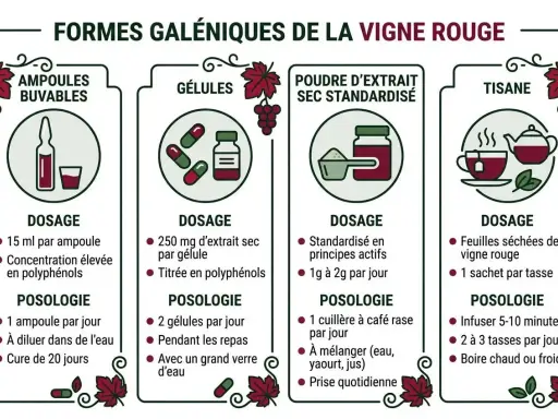 Différentes formes de vigne rouge : ampoules, gélules, poudre, tisane. Découvrez les bienfaits de la vigne rouge et comment la consommer.