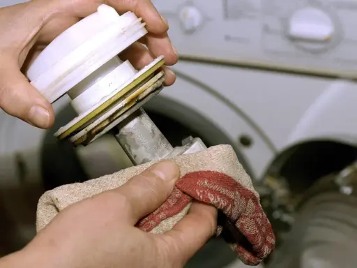 Hände reinigen das Flusensieb der Waschmaschine. Ein Tuch wischt Schmutz von dem ausgebauten Teil.