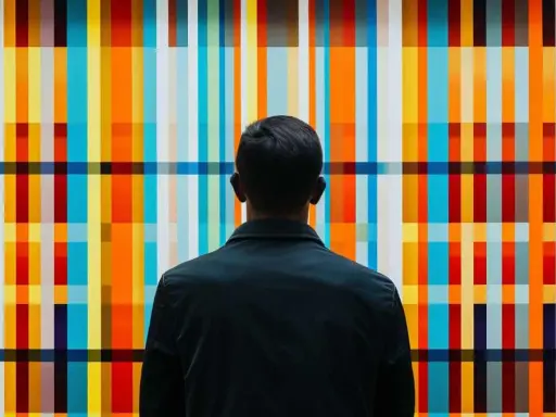 Uomo osserva un'opera d'arte astratta con strisce colorate. Il **parallelismo figura retorica** si ritrova nelle ripetizioni cromatiche e geometriche.