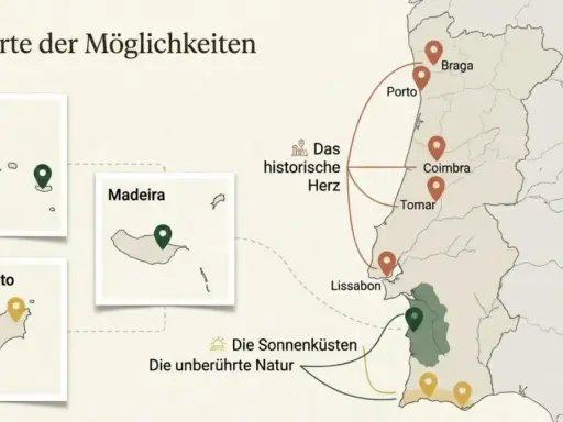 Karte zeigt verschiedene Portugal Regionen: Azoren, Madeira, Porto Santo, sowie das historische Herz mit Braga, Porto, Coimbra, Tomar und Lissabon.