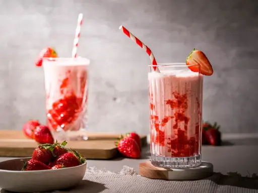 Zwei Gläser mit einem cremigen Erdbeer Milchshake, garniert mit frischen Erdbeeren und gestreiften Strohhalmen.