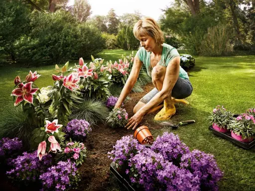 Une femme plante des fleurs dans un jardin luxuriant. Une belle idée parterre de fleurs avec des lys roses et des campanules violettes.