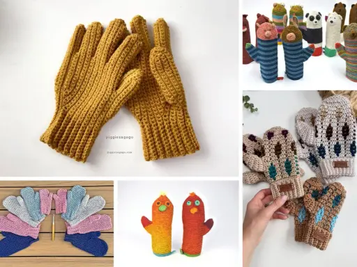 Variedad de mitones a crochet: guantes amarillos, muñecos animales, mitones de colores y diseños geométricos.