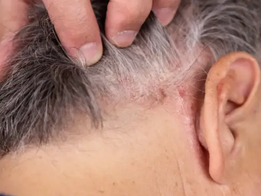 Main d'une personne grattant son cuir chevelu, révélant des plaques sèches et irritées, signe d'une démangeaison cuir chevelu persistante.