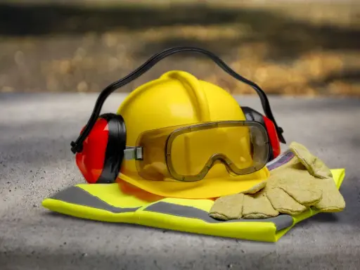 Casco amarillo, gafas protectoras, guantes y orejeras, el equipo de seguridad esencial para un mecánico.