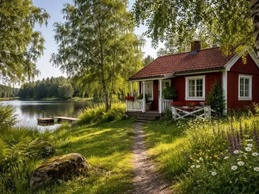 En röd stuga vid en sjö, omgiven av grönska och blommor. En stig leder fram till den charmiga gula stugan.