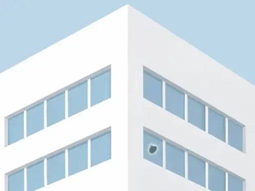 Ein modernes Gebäude mit blauen Fenstern, eines davon mit **broken windows** – ein deutliches Zeichen für eine unerwartete Störung.