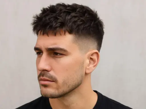 Mann mit modernem French Crop Haarschnitt, kurz geschorenen Seiten und einem leichten Bart.