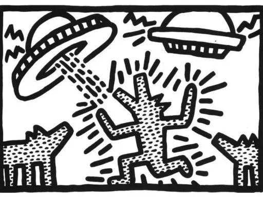 Keith Haring's iconic dog figures are caught in a UFO abduction, a playful yet thought-provoking scene.