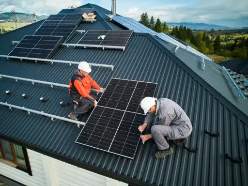 Zwei Monteure installieren Solarmodule auf einem Dach. Die Frage "was kostet eine PV Anlage mit Speicher" beschäftigt viele Hausbesitzer.