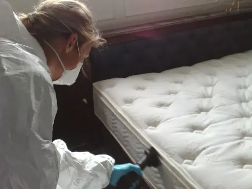 Persona con equipo de protección fumiga un colchon sucio, intentando eliminar ácaros y bacterias.