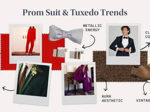 Prom suit and tuxedo trends: bold red, deep green, and purple suits, a classic navy tux, metallic accessories, and brown shoes.