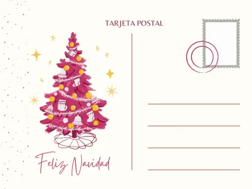 Tarjeta postal navideña para imprimir con un árbol rosa decorado y estrellas. Ideal para enviar tus mejores deseos.