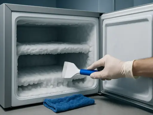 Ręka w rękawiczce usuwa lód z zamrażarki no frost. Gruba warstwa szronu pokrywa półki, wskazując na potrzebę rozmrożenia.