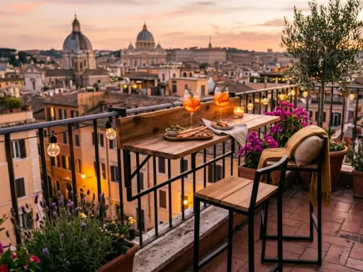 Terrazzo con vista su Roma al tramonto, due aperitivi, stuzzichini e luci soffuse. Perfetto per idee terrazzo romantiche.