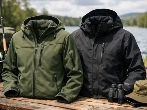 Dwie kurtki hardshell, zielona i czarna, gotowe na przygodę nad jeziorem. Idealne na wędkowanie i wyprawy.
