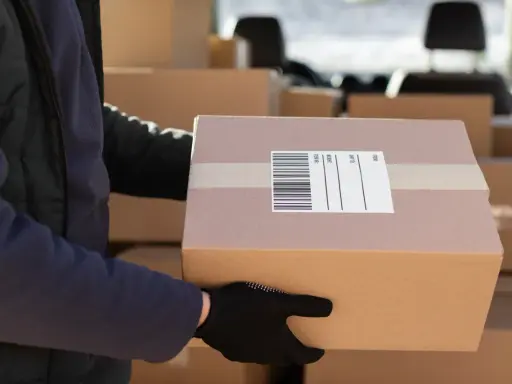 Kurier w czarnej rękawiczce trzyma paczkę z etykietą DPD. To pokazuje, ile jest ważna etykieta DPD dla sprawnej dostawy.