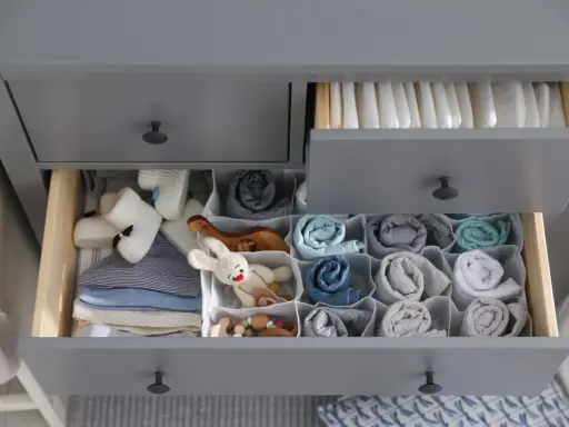 Ordentliche Schubladen einer Wickelkommode beschriften: Windeln oben, Babykleidung und Spielzeug unten, alles übersichtlich sortiert.