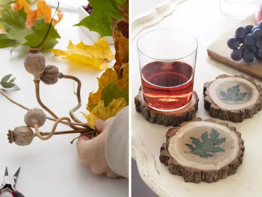 Création d'une décoration d'automne avec des coquelicots séchés et une feuille morte. À côté, des sous-verres en rondins de bois ornés de feuilles.