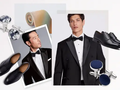 A collage showcasing elements of formal styling: tuxedos, bow ties, dress shoes, and cufflinks.
