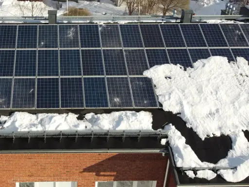 Solpaneler på ett tak med 38 graders taklutning, delvis täckta av snö.