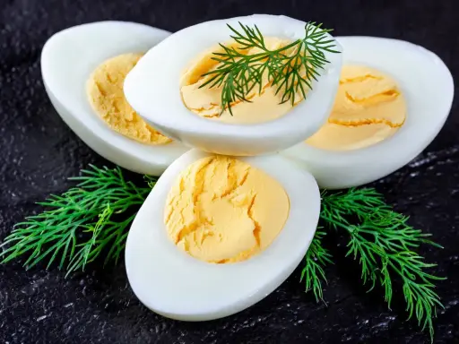 Huevos duros perfectamente cocidos y fáciles de pelar, adornados con eneldo fresco.