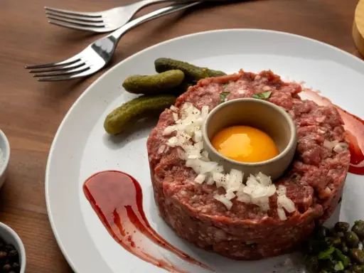 Tartar de salchichón: carne picada, huevo, pepinillos, cebolla, alcaparras y salsa. ¡Ingredientes perfectos para un plato delicioso!