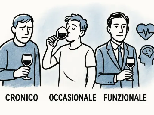 Tre uomini con bicchieri di vino: uno triste (cronico), uno che beve (occasionale), uno in giacca e cravatta con simboli di salute (funzionale). Le scuse di un alcolista.
