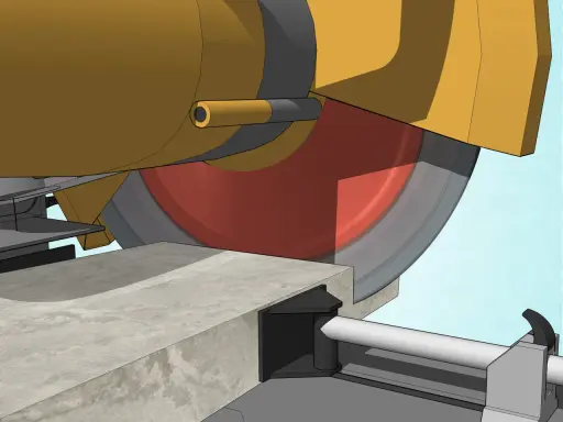 Máquina amarilla cortando hormigón con disco radial.