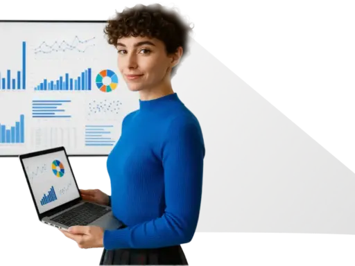 Donna con laptop mostra grafici, perfetta per un corso data analyst.