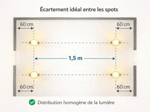 Schéma montrant l'espacement idéal des spots encastrables : 60 cm des murs et 1,5 m entre eux pour une lumière homogène.