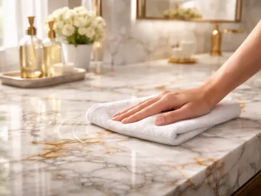 Hand wischt mit Tuch über Marmorplatte, um Flecken auf Marmor zu entfernen. Glänzende Oberfläche, luxuriöses Badezimmer.